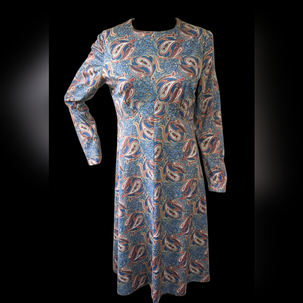 Blue Print Dress Paisley Long Sleeve Vintage 70s S